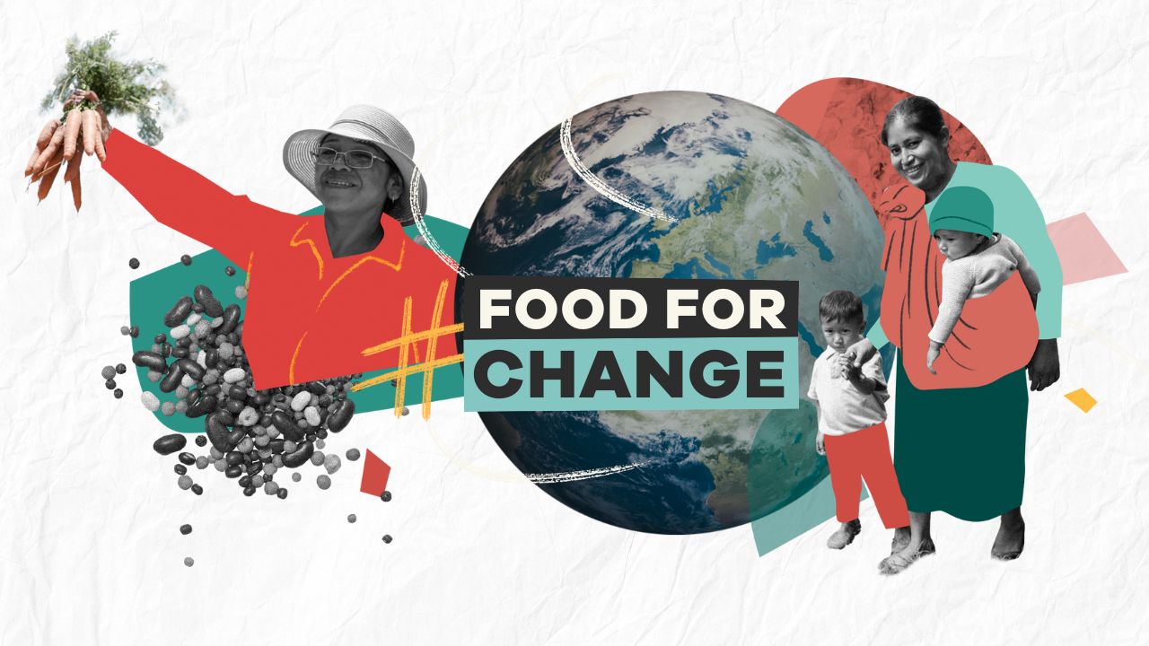 Graphic with the text "#FOOD FOR CHANGE" featuring illustrations of three individuals holding different types of food, with a central image of Earth, all set against a white background with subtle design elements.