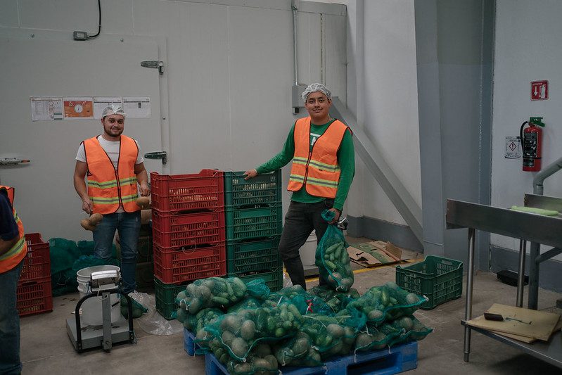 Carlos Nuño and Isaac Sierra, volunteers at Bancos de Alimentos de México (BAMX) Zapotlanejo, pack fresh produce for distribution. BAMX Zapotlanejo a growing food bank and serves 5,500 families in 28 communities. (Photo: The Global FoodBanking Network/Luis Antonio Rojas)